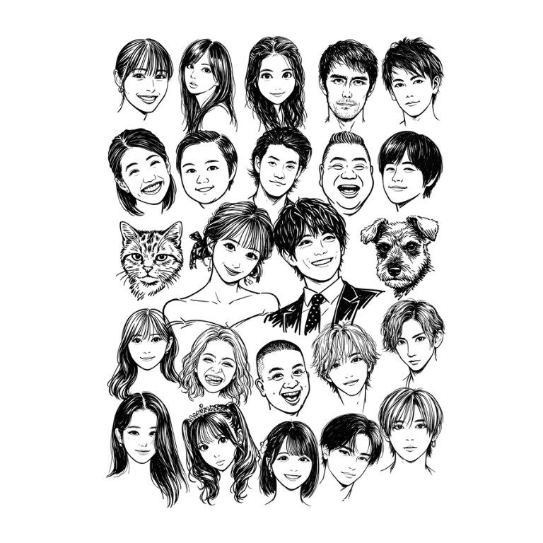ゲスト参加型　結婚証明書　そっくり似顔絵描きます 2人2,000円　1人追加毎+500円　大人数◯ イメージ1