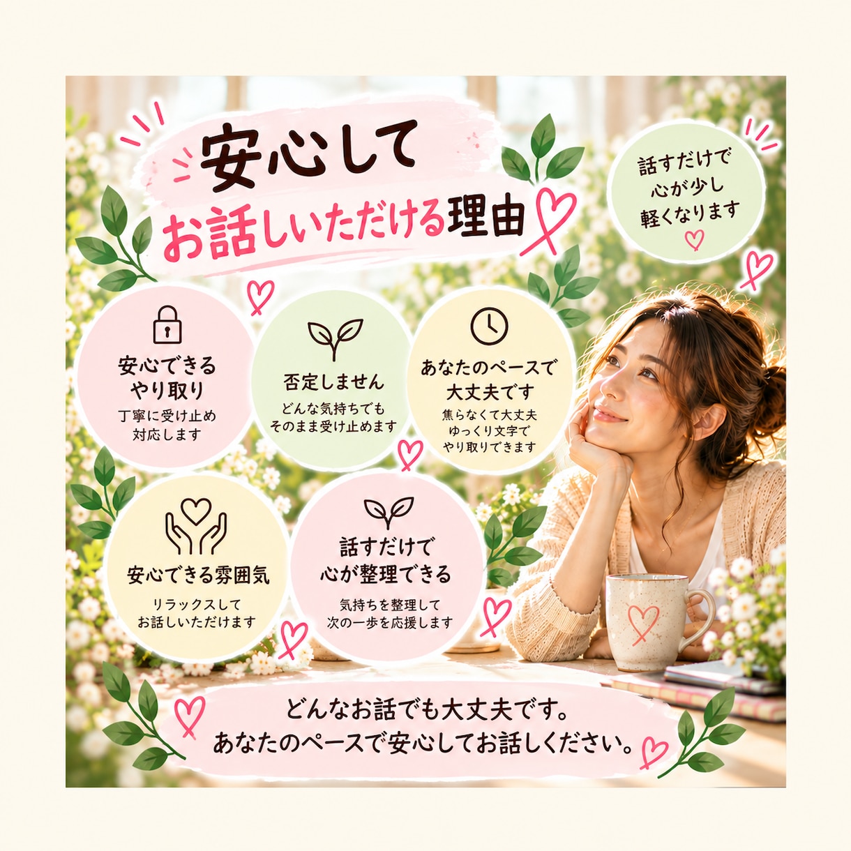 誰にも言えない話、ゆっくり聞きますます 話すだけでも心が少し軽くなる時間です イメージ3