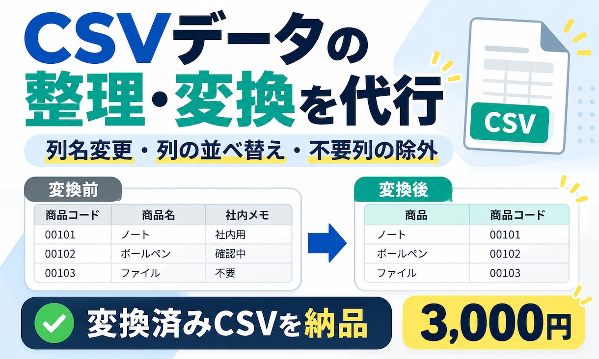 CSVの列名・順番・不要列を整理します 列名変更・並べ替え・不要列の除外に対応 イメージ1