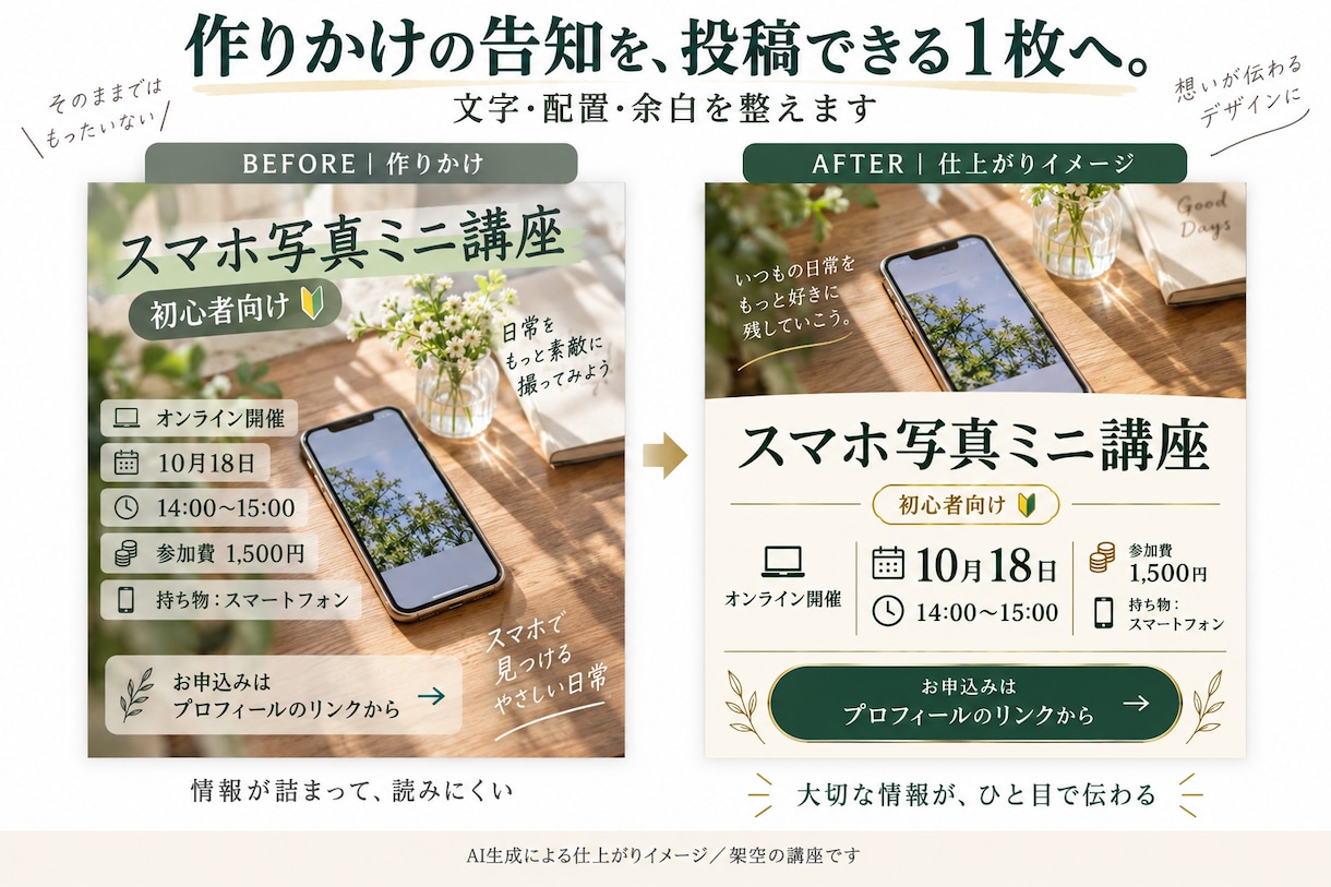 作りかけのCanva告知画像を1枚仕上げます 文字・色・配置を整えて、迷っていた画像を投稿できる形に♪ イメージ1