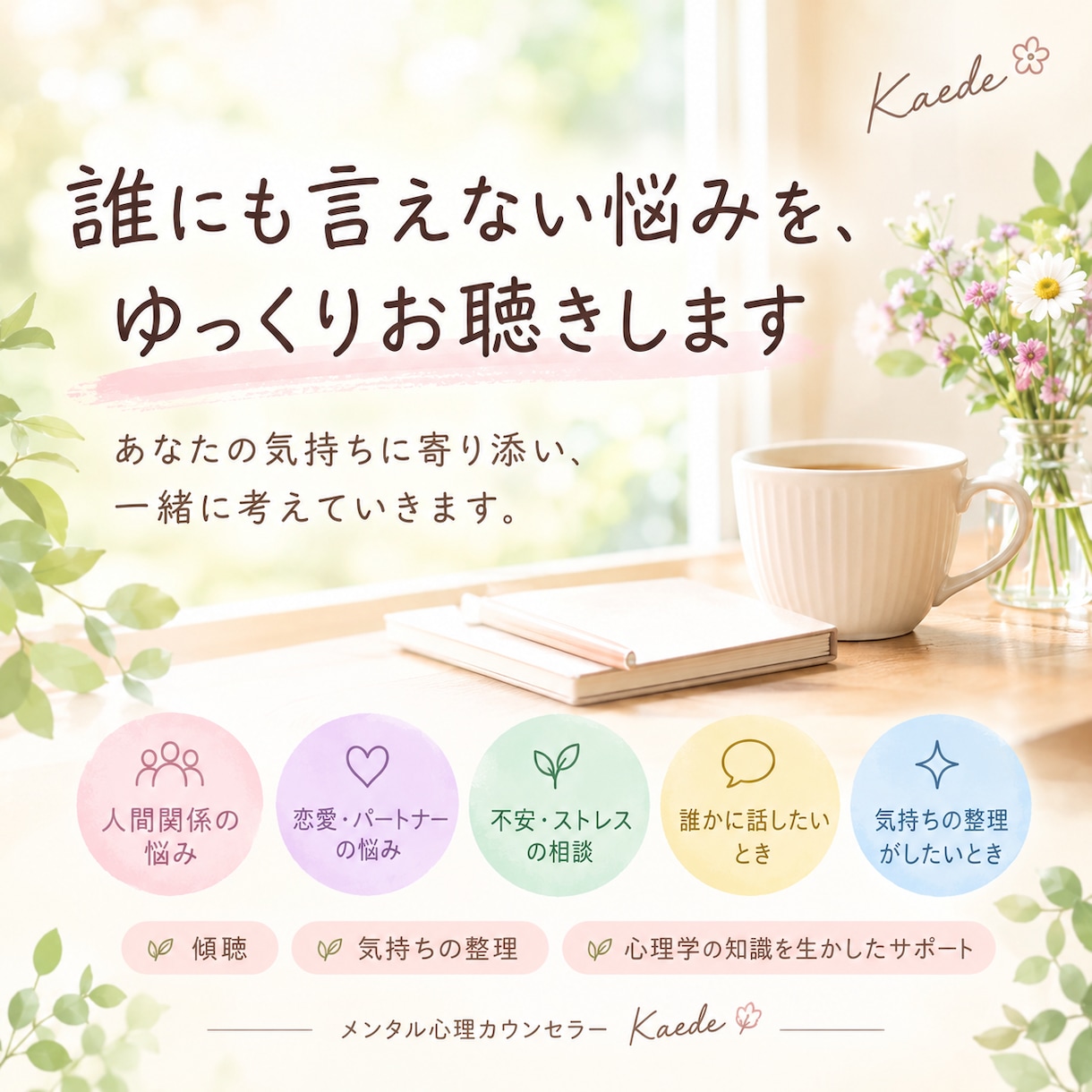 あなたの悩みや不安に寄り添います 誰にも言えない悩みを、ゆっくりお聴きします イメージ1
