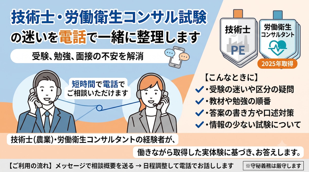 技術士・労働衛生コンサル試験の質問に答えます 技術士試験の迷いを電話で一緒に整理します イメージ1