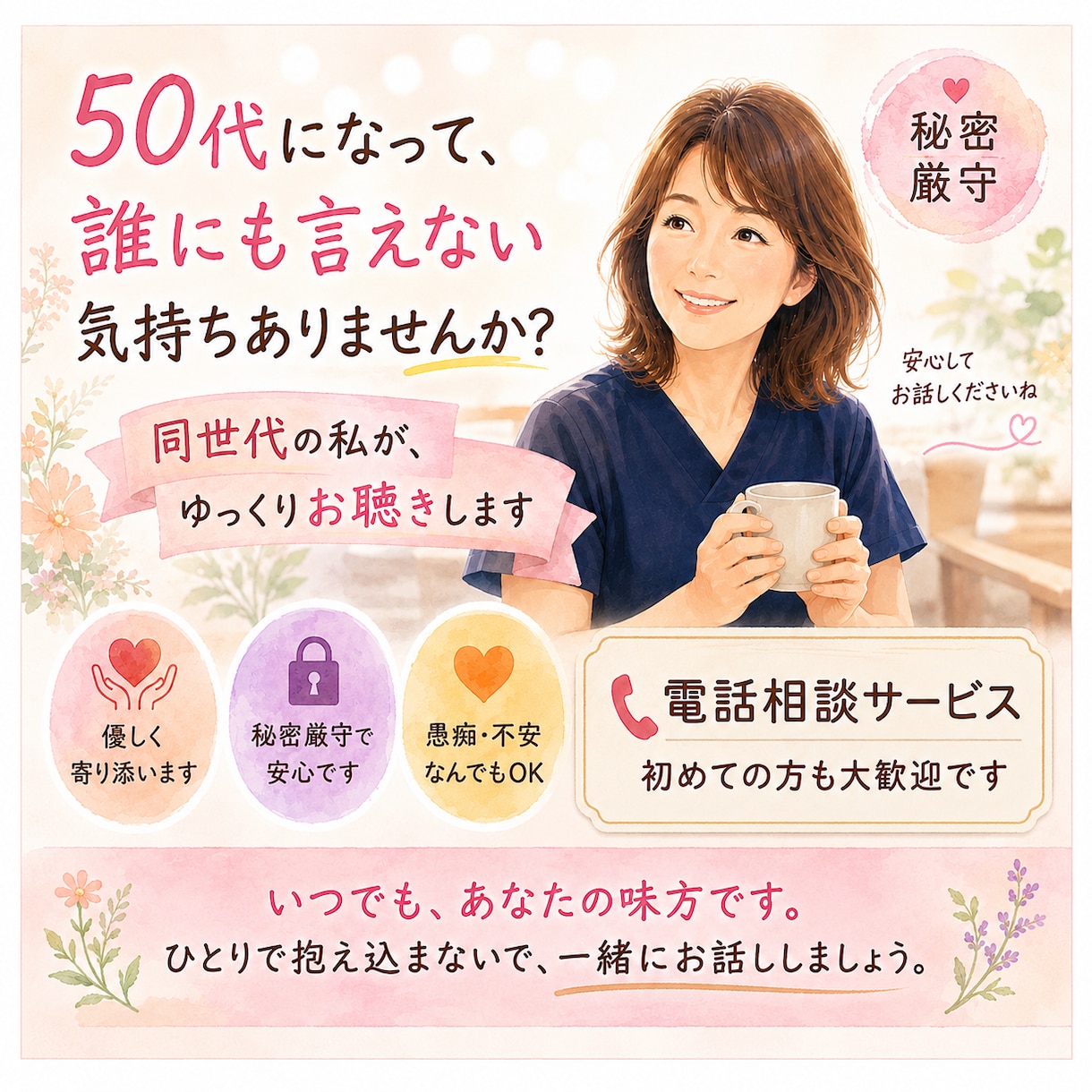 50代女性のモヤモヤ、同世代の私が優しく聴きます 夫婦・家族・仕事・これからの人生…何でもお話しください イメージ1