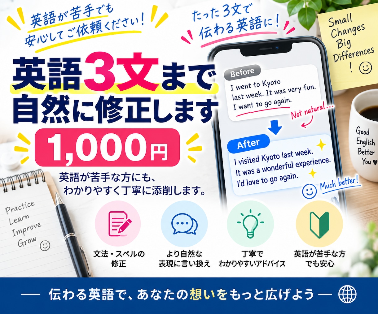 英語3文まで1000円で自然に修正します 英語が苦手な方にも、わかりやすく丁寧に添削します イメージ1