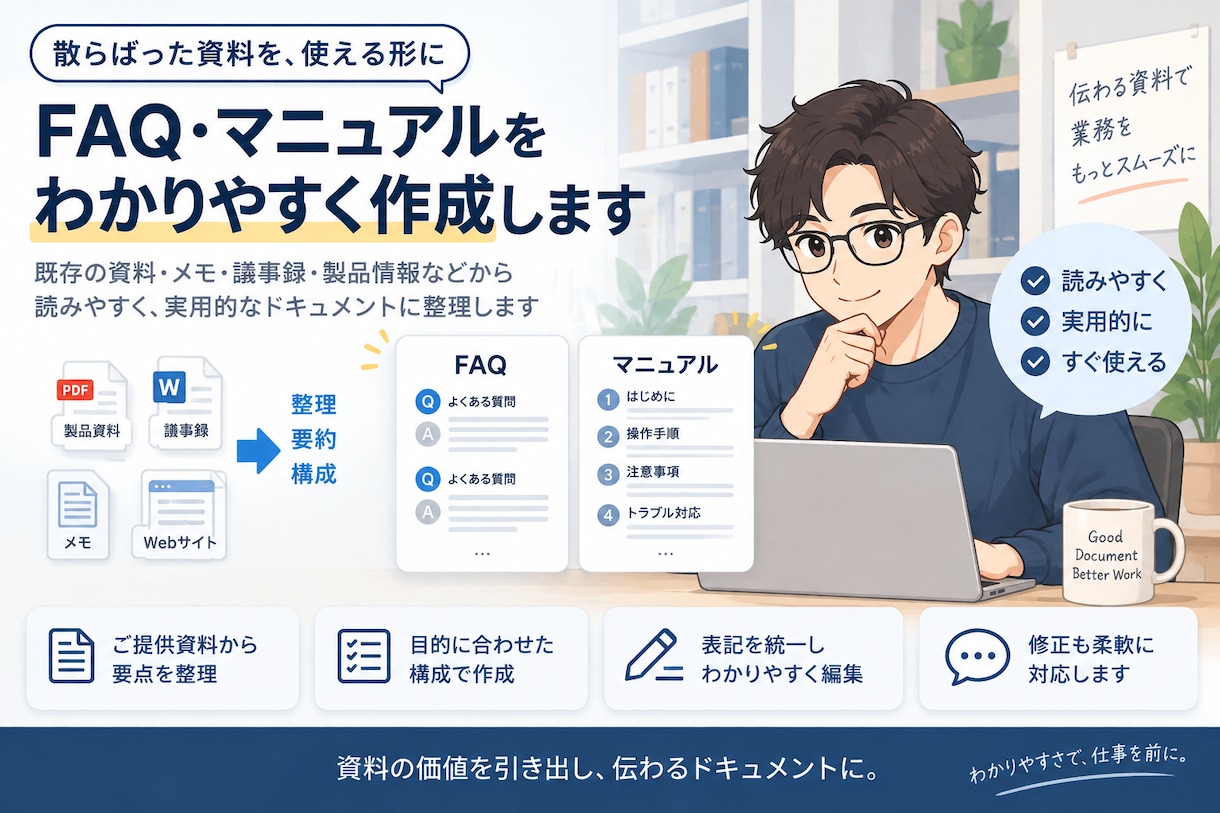 提供資料からFAQ・簡易マニュアルを作成します 既存資料を読みやすく実用的な文書に整理 イメージ1