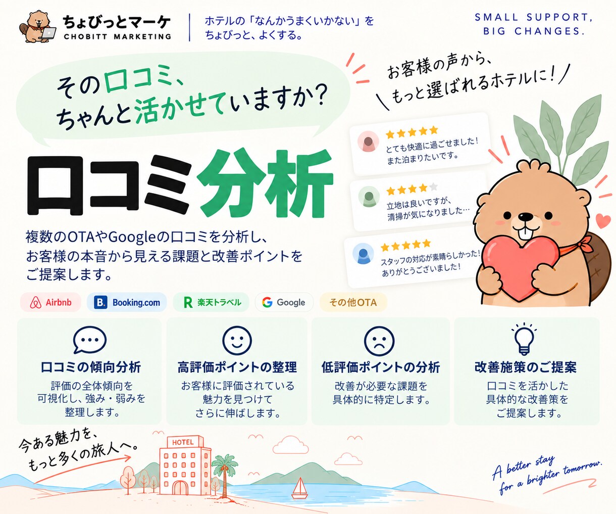 ホテル・宿泊施設の口コミを分析・改善提案します 口コミから「選ばれる理由」と改善点を見つけます イメージ1