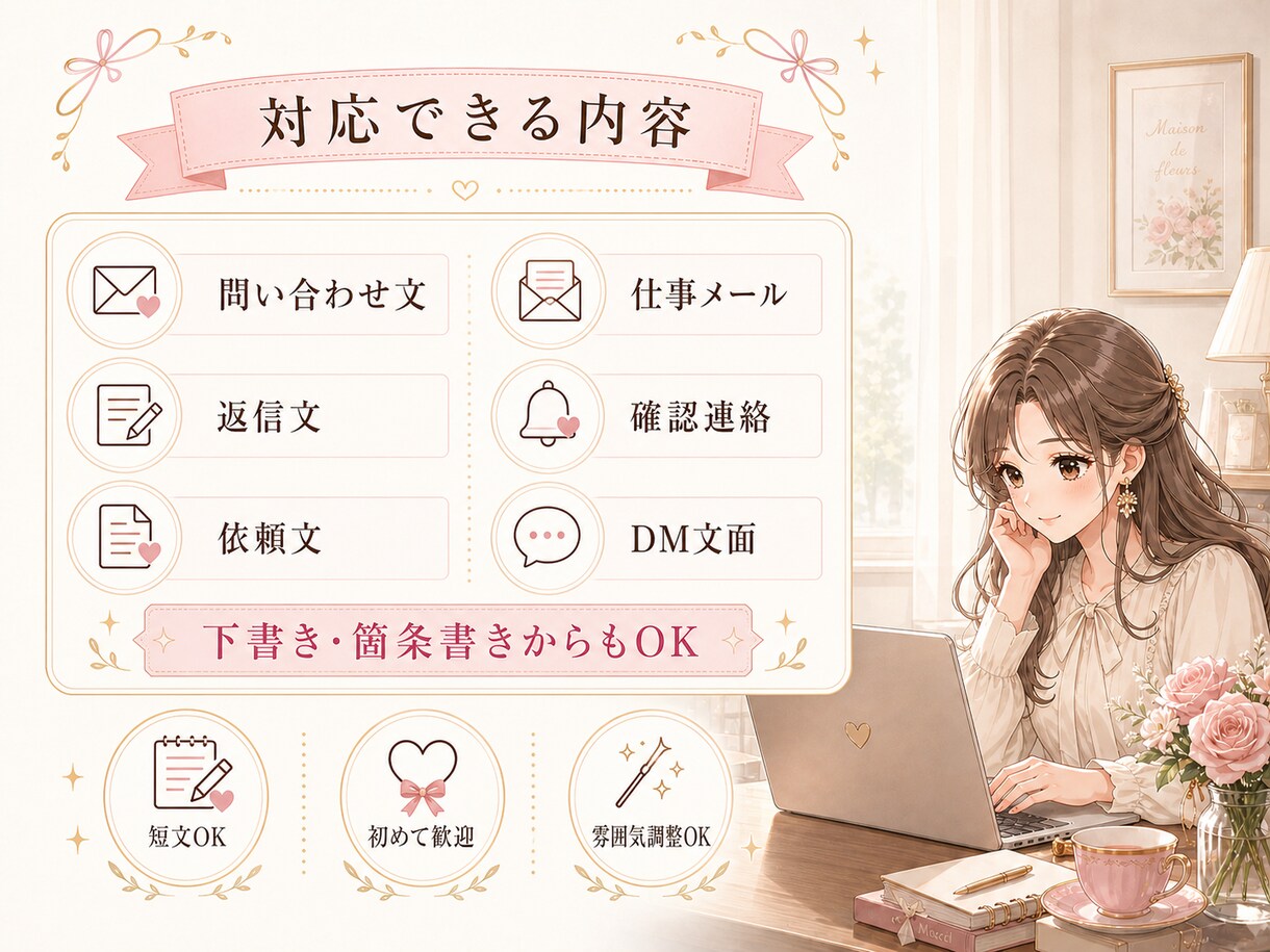 問い合わせ文・仕事メールを丁寧な文章に整えます 事務経験を活かし、伝わりやすく丁寧な文面に整えます。 イメージ3