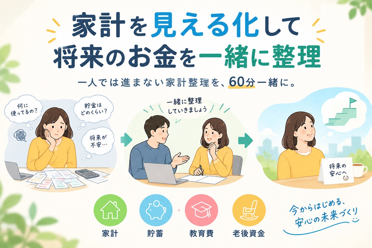 家計を見える化して、将来のお金を一緒に整理します 将来のお金の不安を一緒に整理します イメージ1