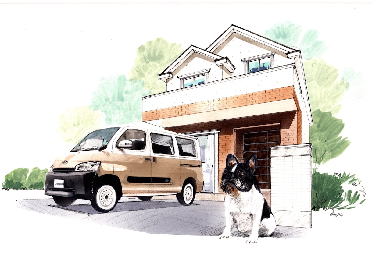 車、ペット、家をコラボします 大切な愛車とペット、家を組み合わせて描きます。 イメージ3