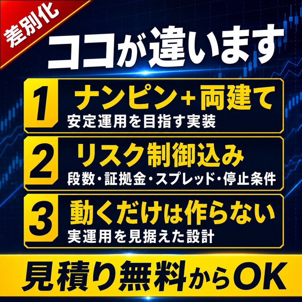 ナンピン・両建てEAを安定運用向けに開発します 破綻リスクを抑える設計が得意。動くだけは作りません！ イメージ2