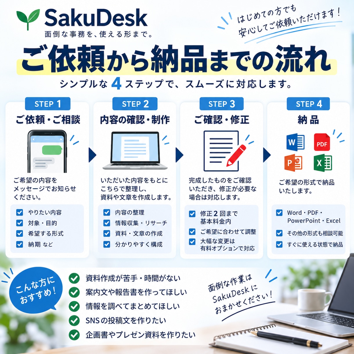 面倒な事務・資料作成をまとめて代行します 面倒な事務や資料作成を、使える形まで丁寧にサポート イメージ3