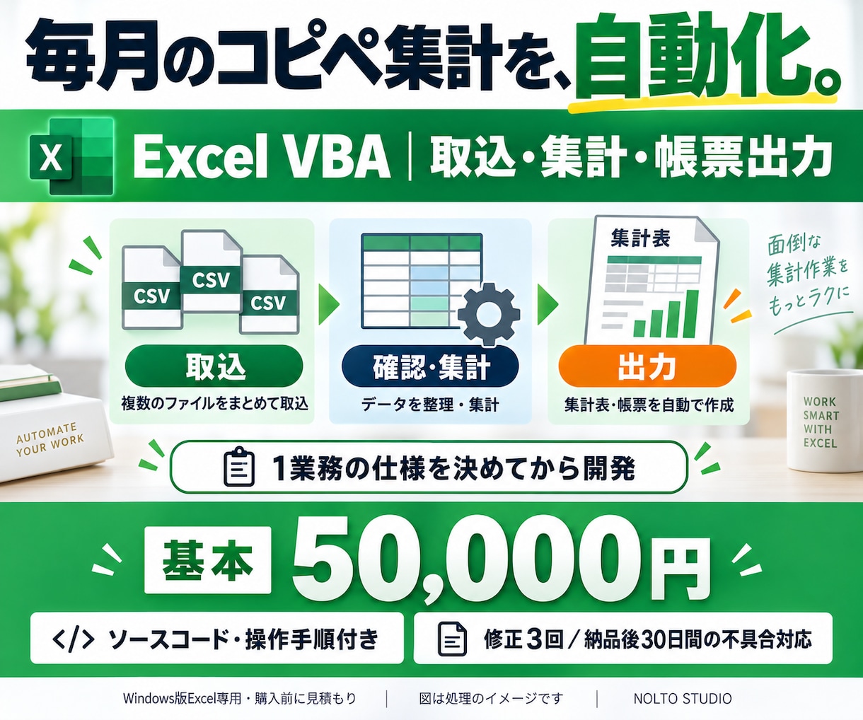 Excelマクロで集計・転記を自動化します ソースコード・操作手順付き。納品後30日サポート イメージ1