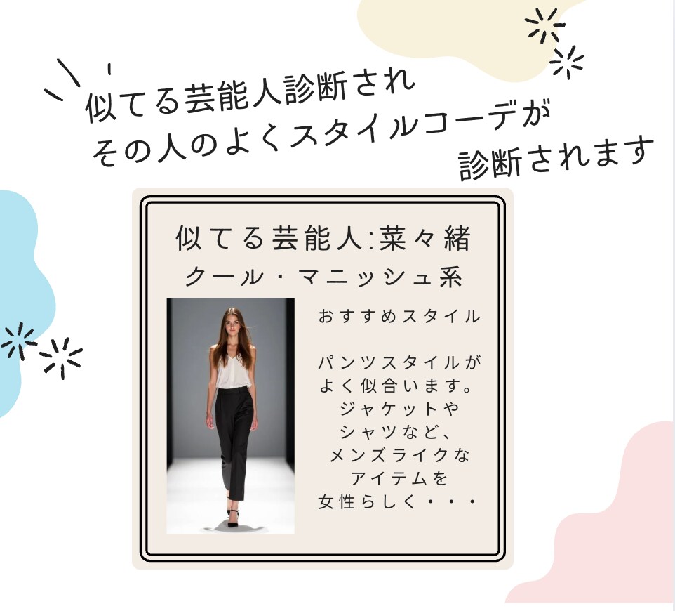 似てる女性芸能人のスタイルコーデを提案します 似てる芸能人を独自AIで診断！あなたの魅力を最大化します イメージ3