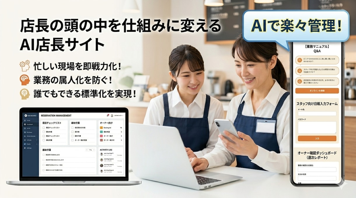スタッフ教育と日報がラクに！AI店長サイト作ります 店長の頭の中を、みんなで使える！ 教育・確認・日報ひとまとめ イメージ1