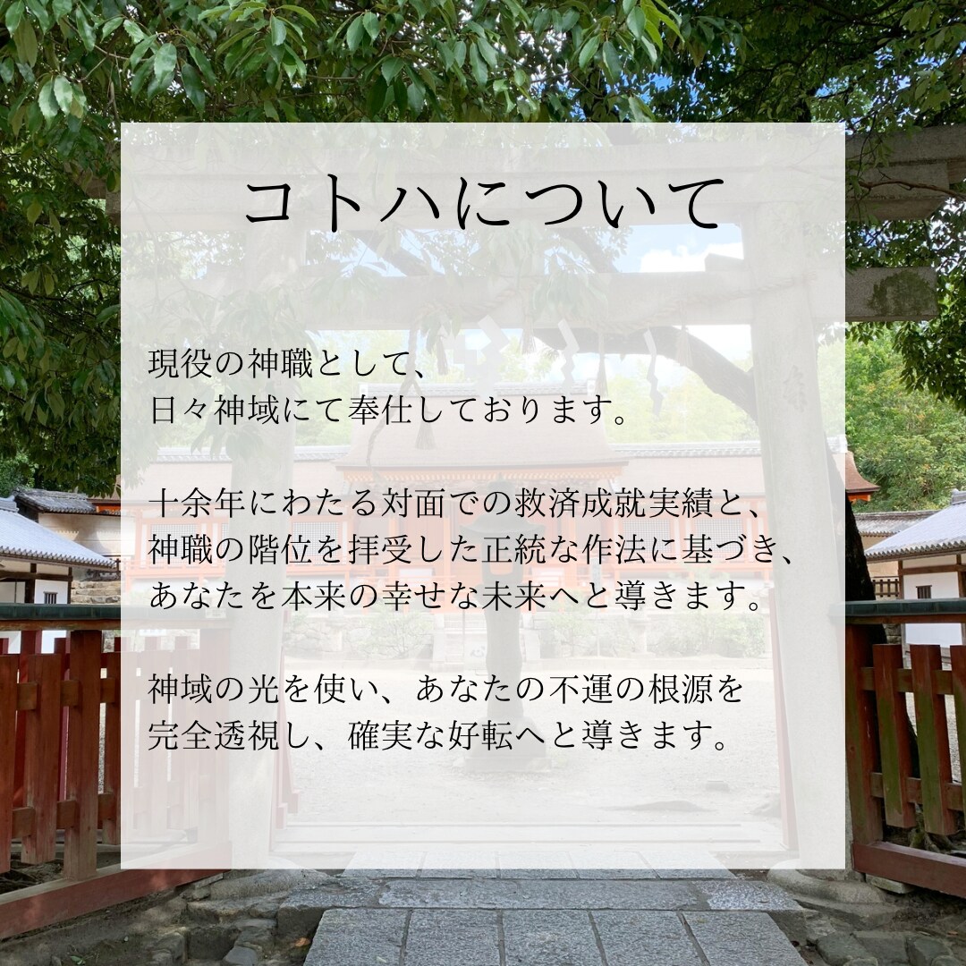 霊視鑑定｜神職の神域霊視で不運を断ち幸運へ導きます 神託で魂の澱みを浄化し、あなたのお悩みを解明します イメージ3