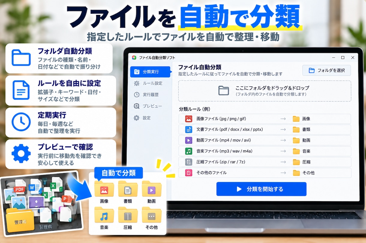 ファイルを自動で分類・整理できるツールを提供します PDF・Excel・画像などをルール通りにまとめて自動整理 イメージ1