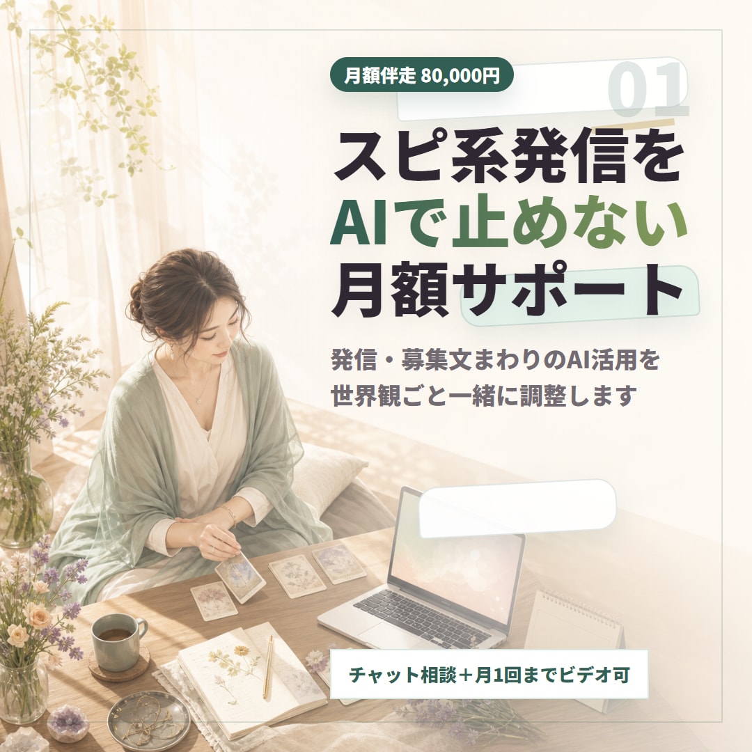 スピ系セラピストのAI発信・商品作成を伴走します 発信・募集文まわりのAI活用を、世界観ごと一緒に調整します イメージ1