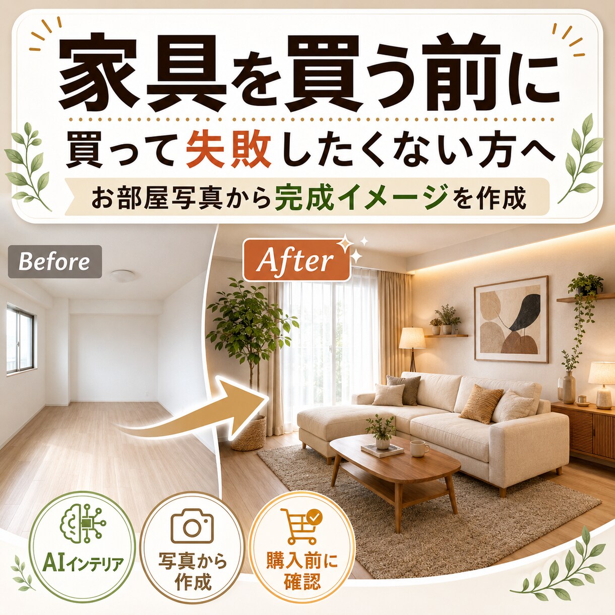 お部屋写真から理想のインテリアイメージを作ります （家具を買う前に理想のお部屋を画像で確認） イメージ1