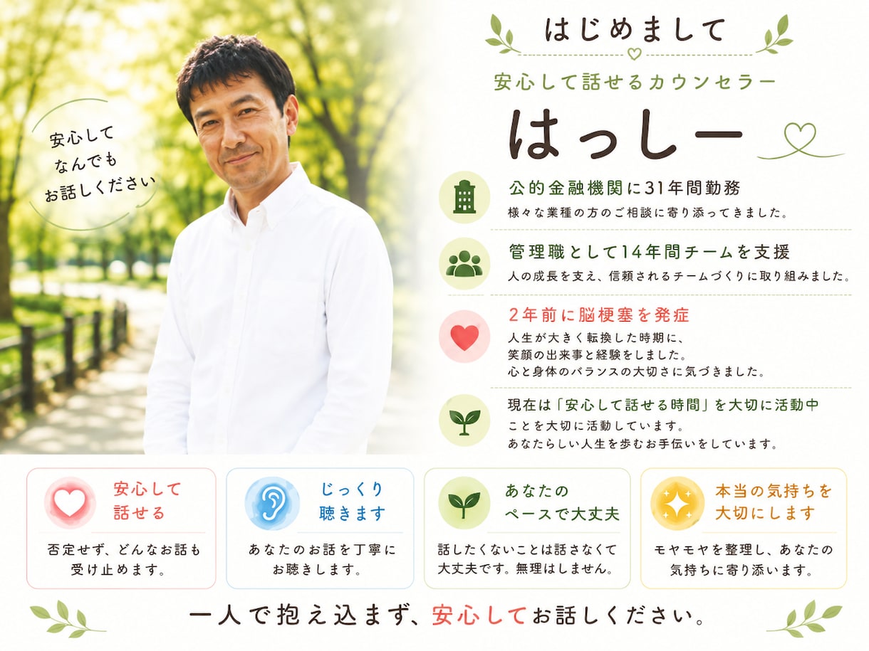 心のモヤモヤを整理します 一人で抱え込まなくて大丈夫。安心して話してください。 イメージ2