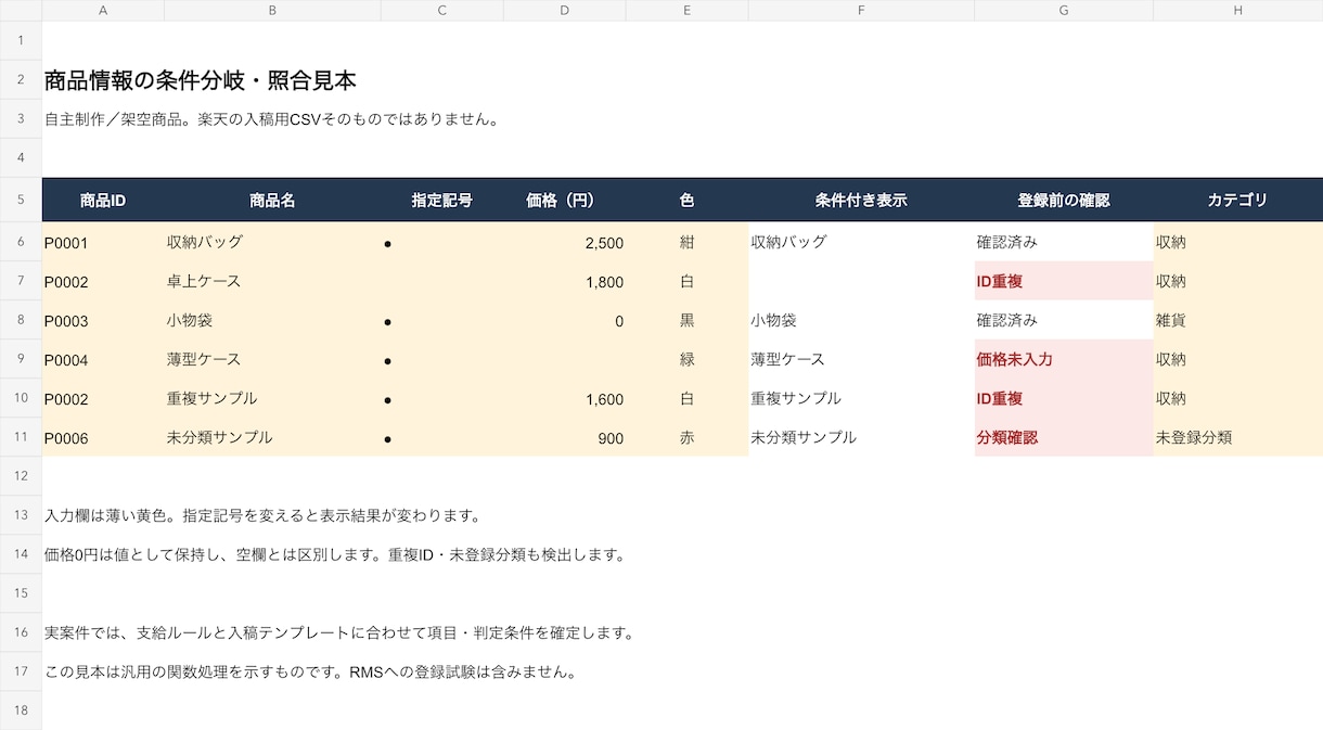 商品データのExcel・CSVを整えます 50件・10列まで。重複と空欄も照合してお渡し イメージ1