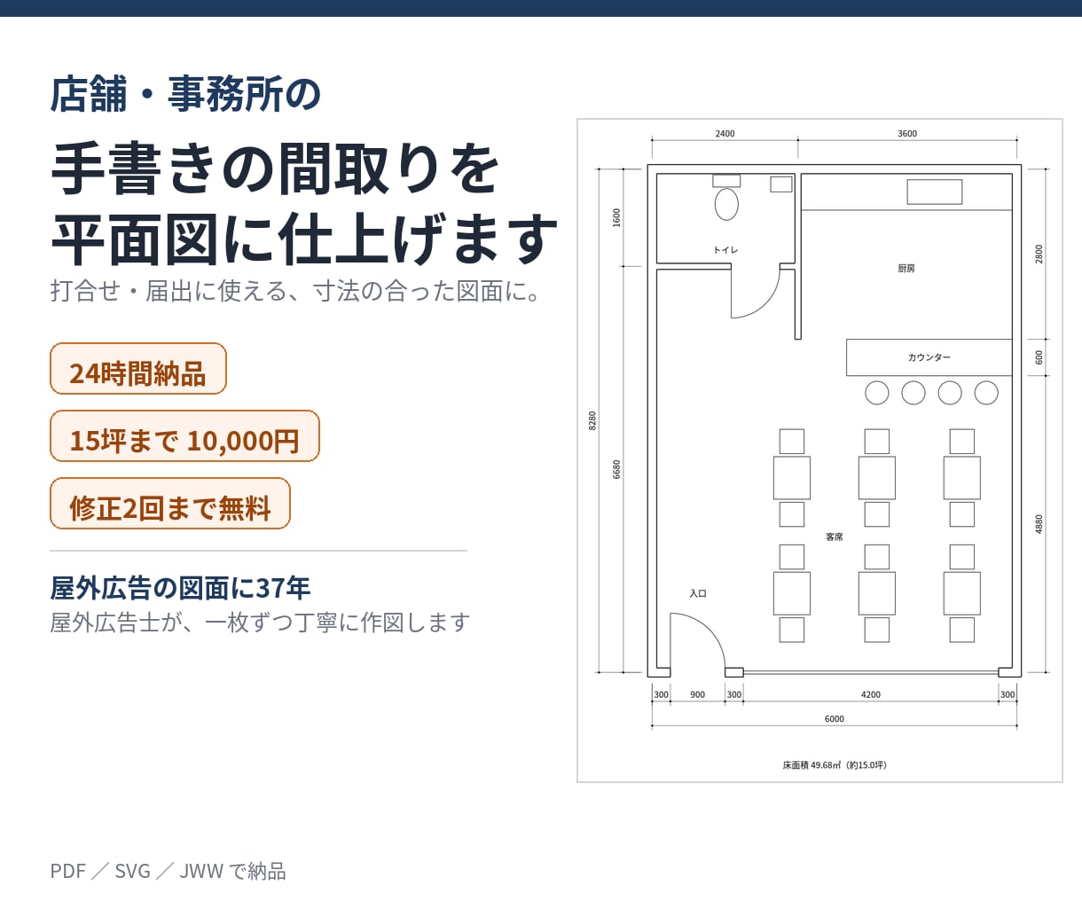 手書きの間取りを店舗・事務所の平面図にしますます 資料がそろってから24時間以内にお届けします イメージ1