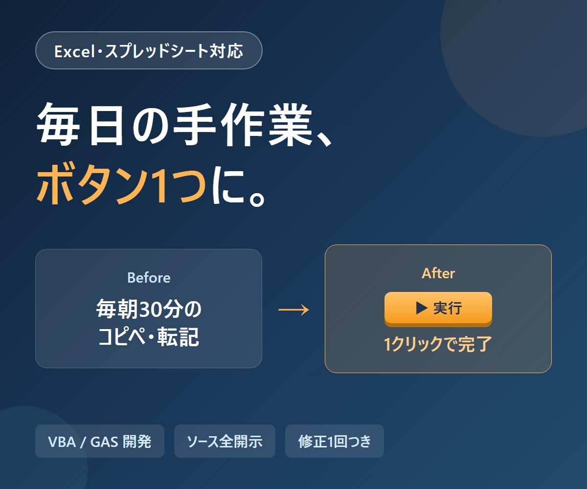 Excel・スプシの繰り返し作業を自動化します VBA・GAS対応。スプレッドシートの手作業もボタン1つに イメージ1