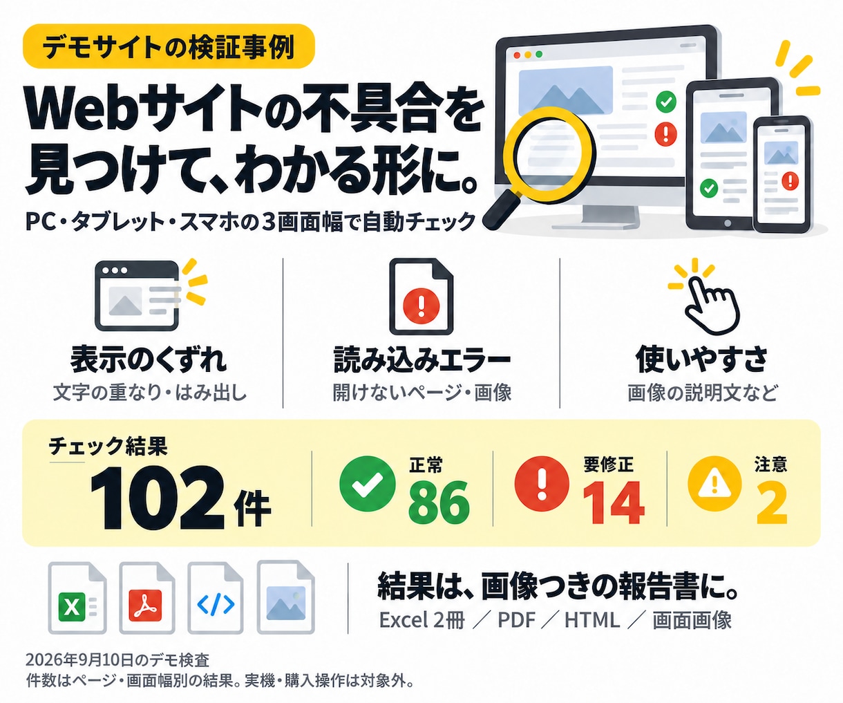 Webサイトの不具合を自動検査し報告します スマホ表示崩れ・リンク切れなどExcelとPDFで見える化！ イメージ1