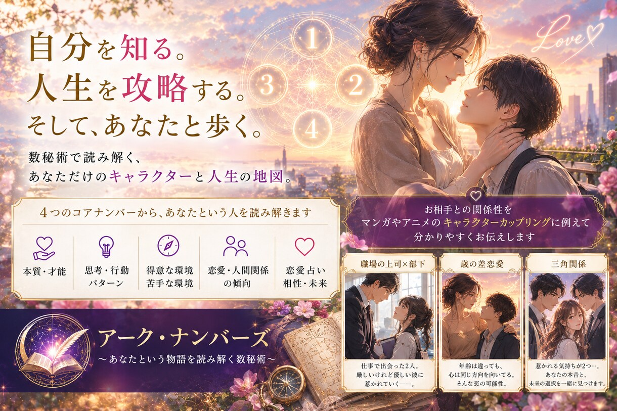 2人の相性を、マンガやアニメのカップルに例えます 「アーク・ナンバーズ」によってお二人の関係性を読み解きます イメージ1