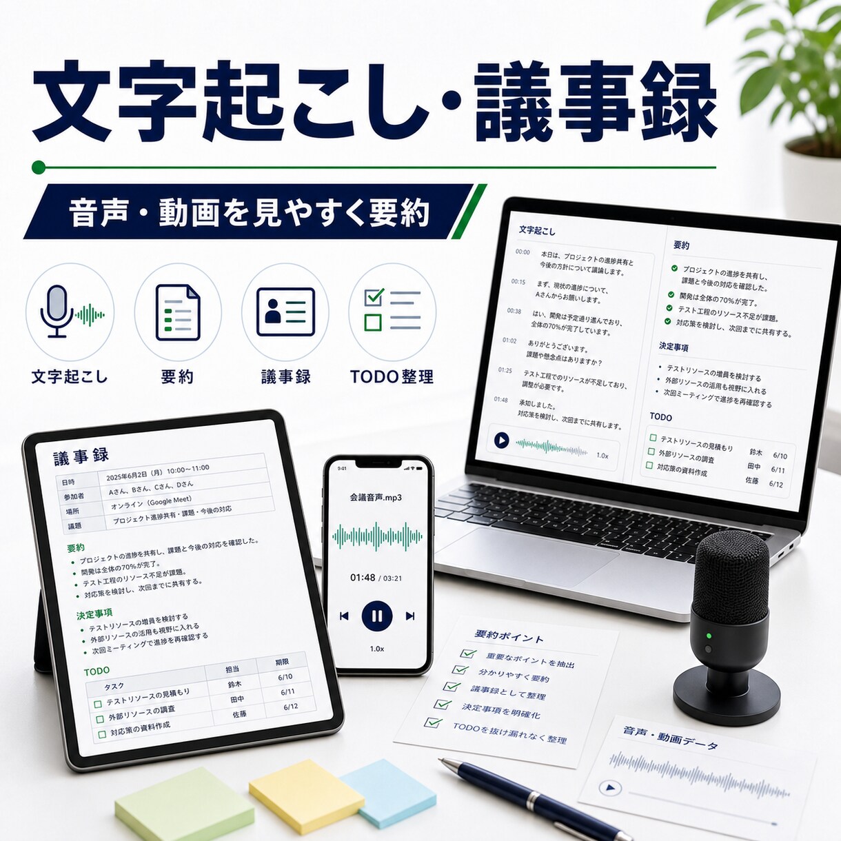 音声・動画の文字起こしと要約をします 会議・商談・セミナー内容を見やすく整理 イメージ1