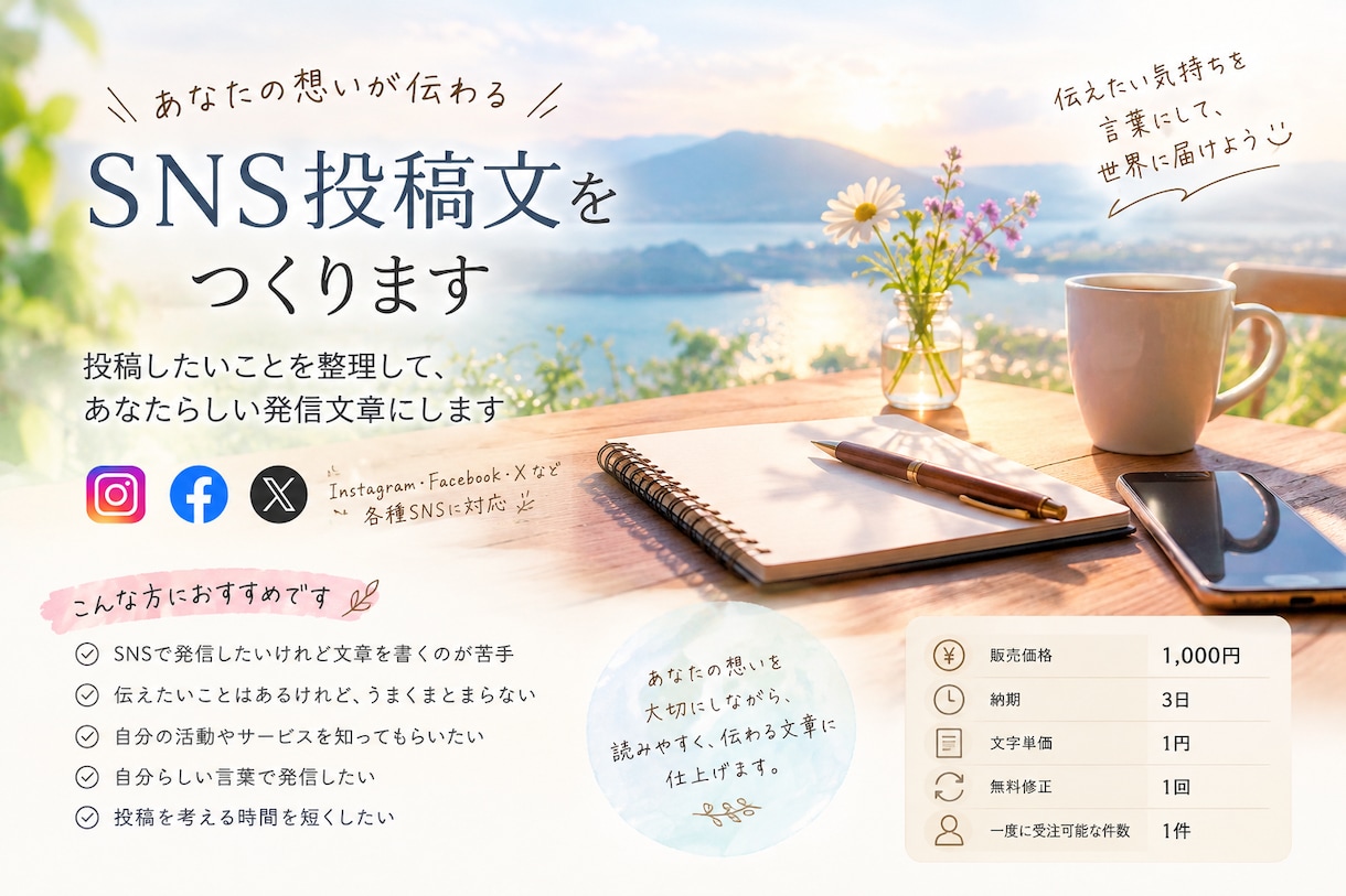 SNS投稿文をあなたの想いが伝わる文章にします 投稿したいことを整理して、あなたらしい発信文章にします イメージ1