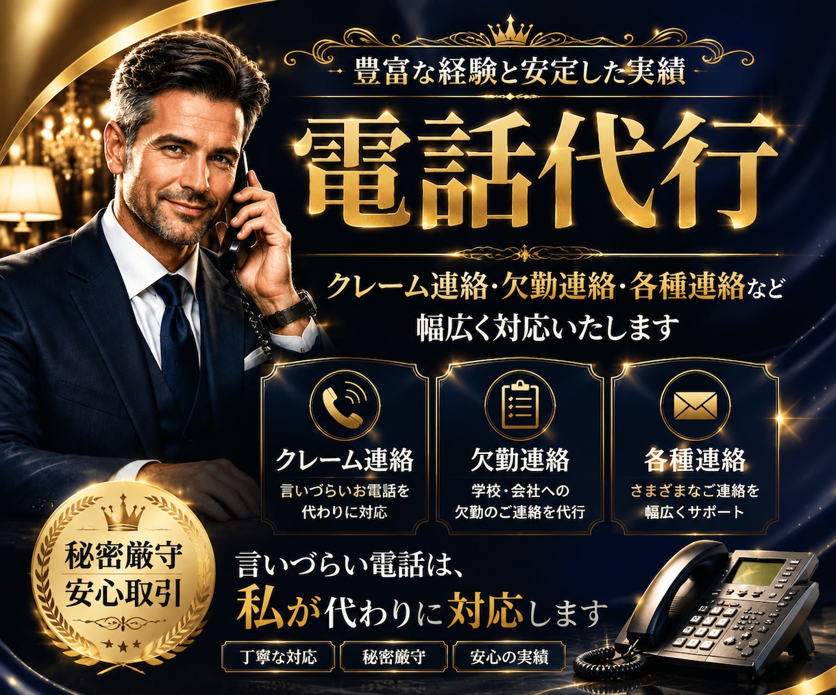 任せて安心◆ミドル男性が最高品質の電話代行致します 【秘密厳守】夫役等、クレーム/欠勤/各種連絡に幅広くご対応！ イメージ1