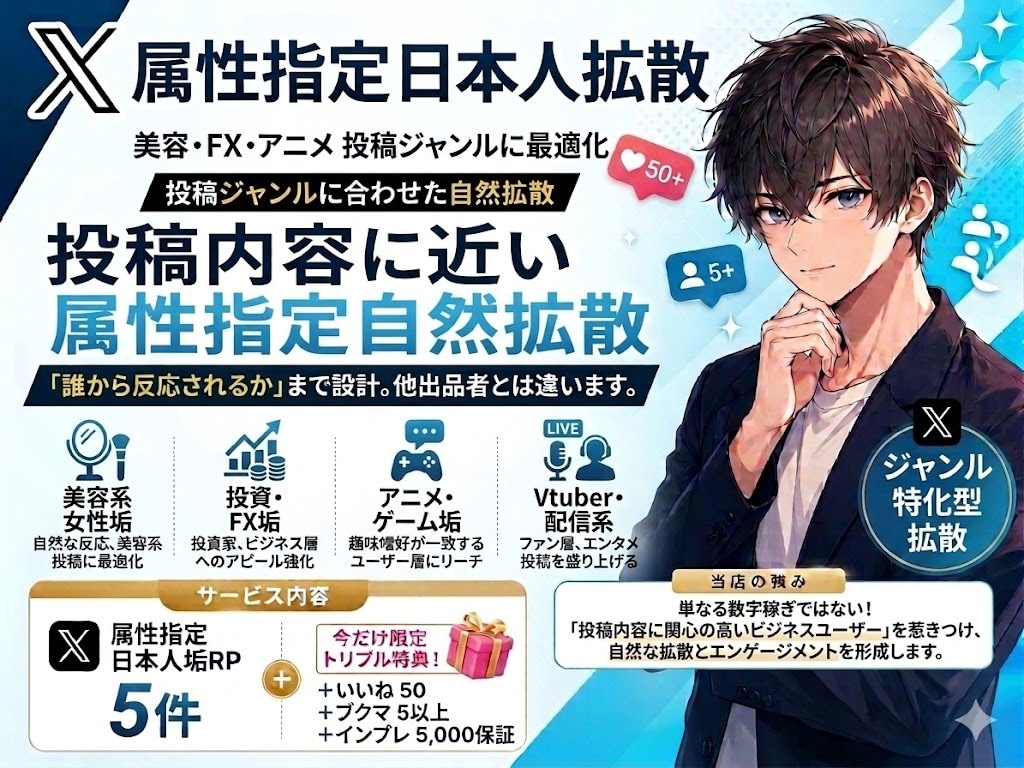 X業界初！ 属性指定可能！リポスト拡散します 5RP＋50いいね＋5ブクマ＋5000インプ保証！分割可能 イメージ1