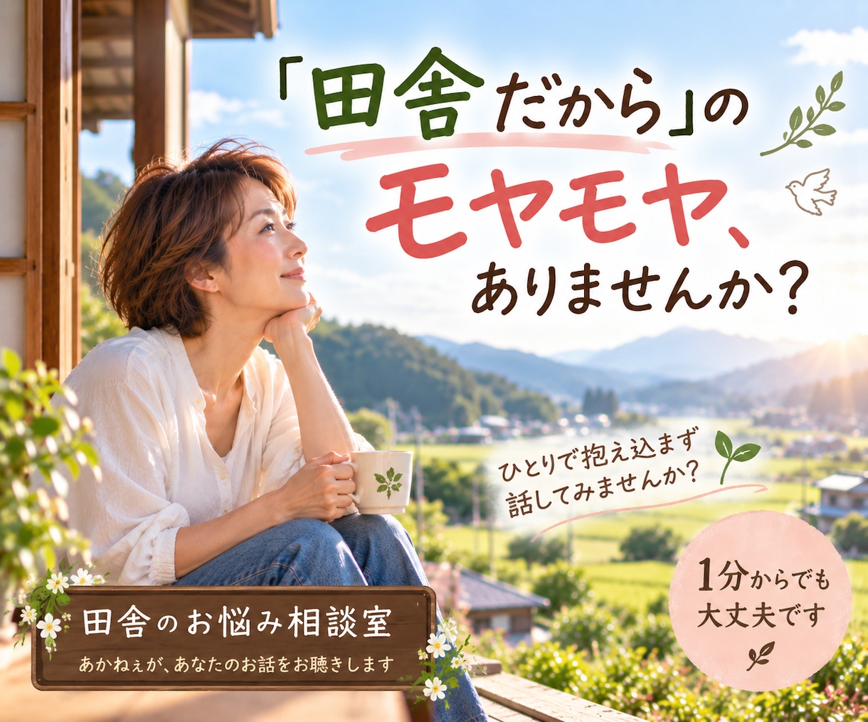 田舎暮らし・仕事・人間関係のお悩みお聴きします 「田舎だから仕方ない…」って、諦めていませんか？ イメージ1