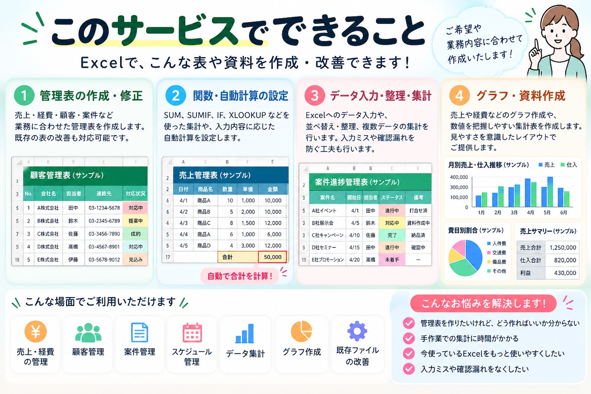 Excel作業をお手伝いします 入力・集計から管理表作成・関数設定・グラフ作成に対応します！ イメージ2
