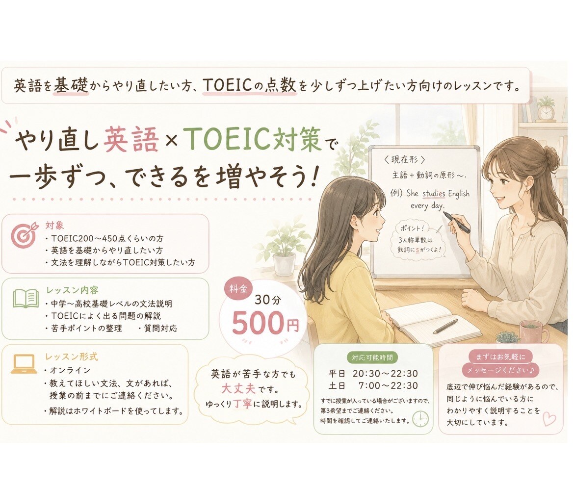 TOEIC200〜450点の方のﾚｯｽﾝします TOEIC初心者&伸び悩んでる方へ基礎文法＋試験対策します イメージ2