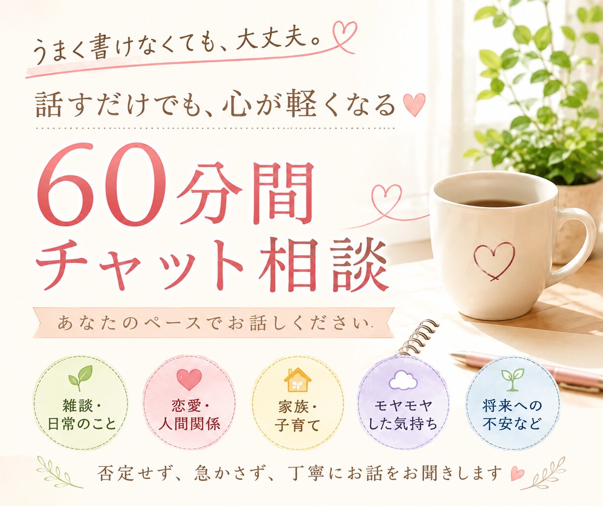 60分チャットであなたのお話をお聞きします 即レス対応で、会話のようにチャットできます イメージ3