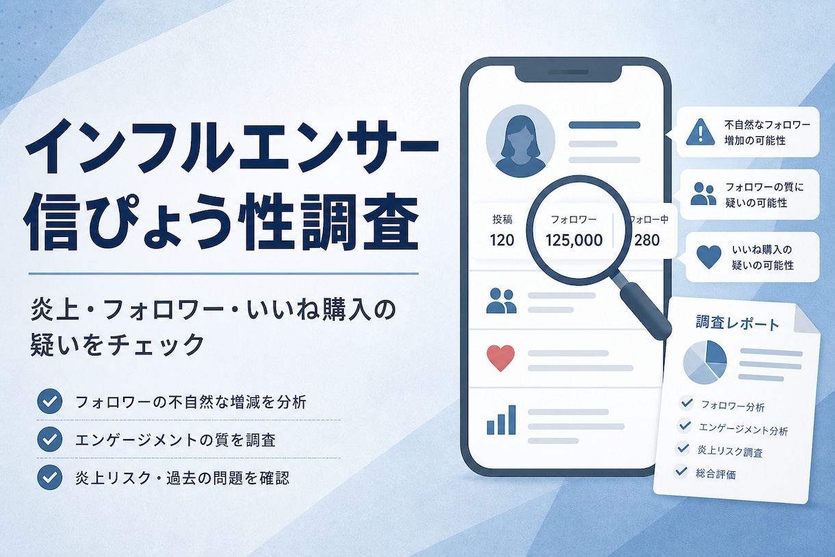 インフルエンサーの信ぴょう性を調査します 公開情報で炎上・フォロワーの質を確認 イメージ1
