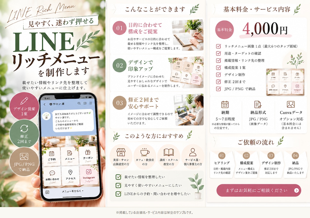 LINEリッチメニューを作成します 投稿内容と目的を整理し、見やすく構成 イメージ1