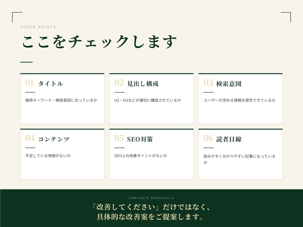 SEO記事を添削｜検索上位を目指す記事に改善します 「書いた記事、SEO的に大丈夫？」をプロがチェックします。 イメージ4
