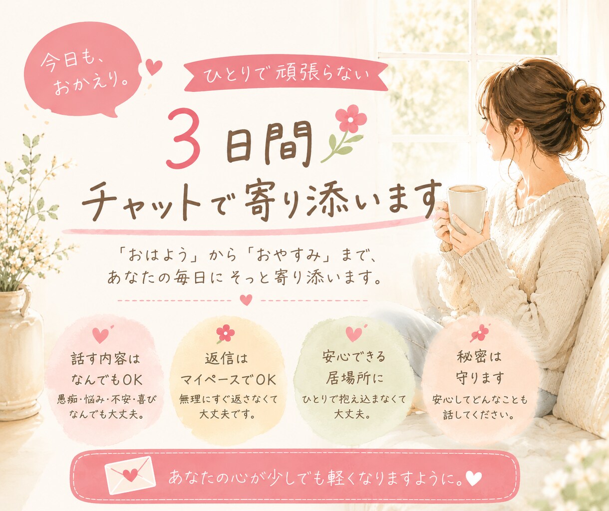 ひとりで頑張らない3日間❀チャットで寄り添います 愚痴も弱音も、まとまらない気持ちも。そのまま送ってください イメージ1