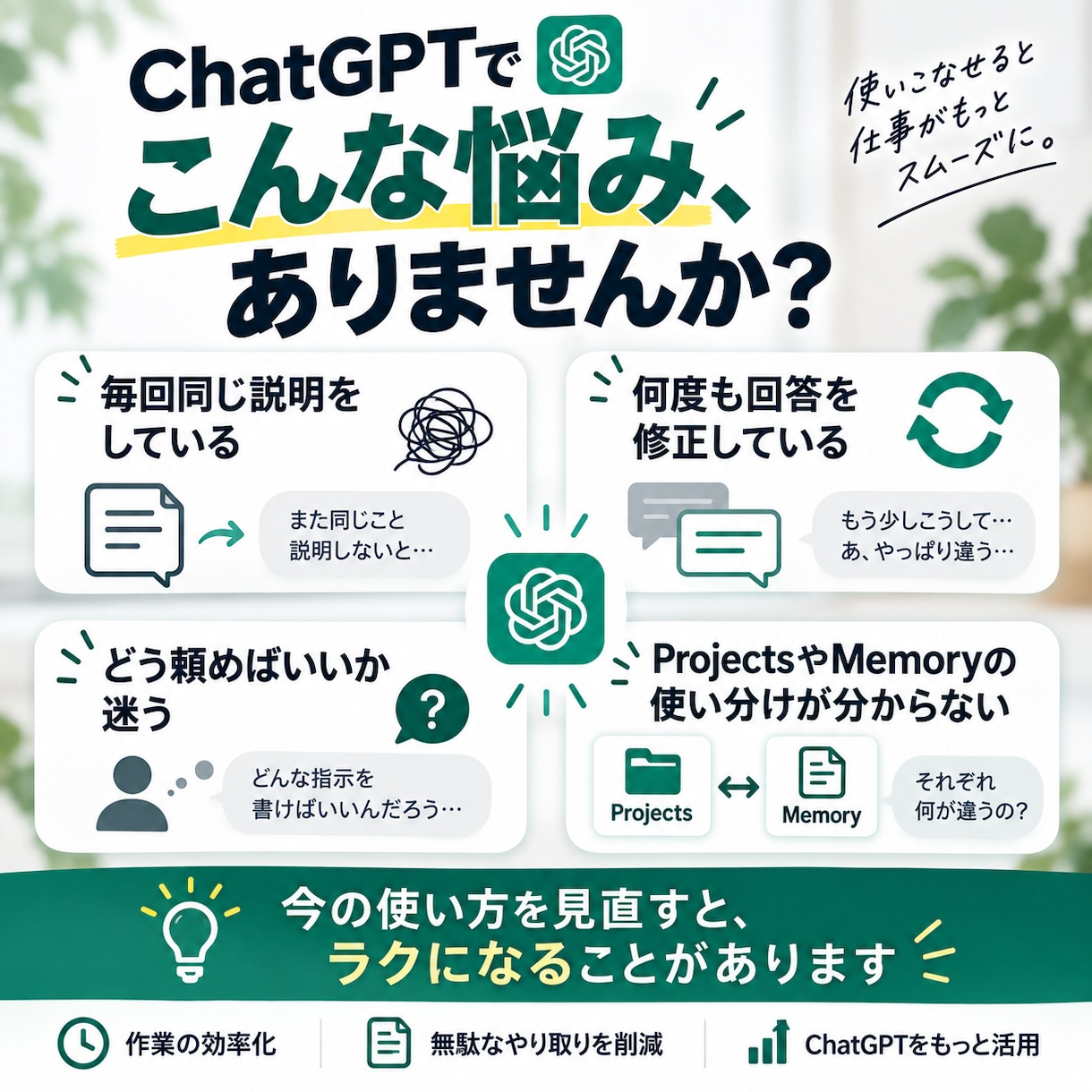 ChatGPTを自分仕様に整えます 設定も使い方も、あなたに合わせて整理します。 イメージ2