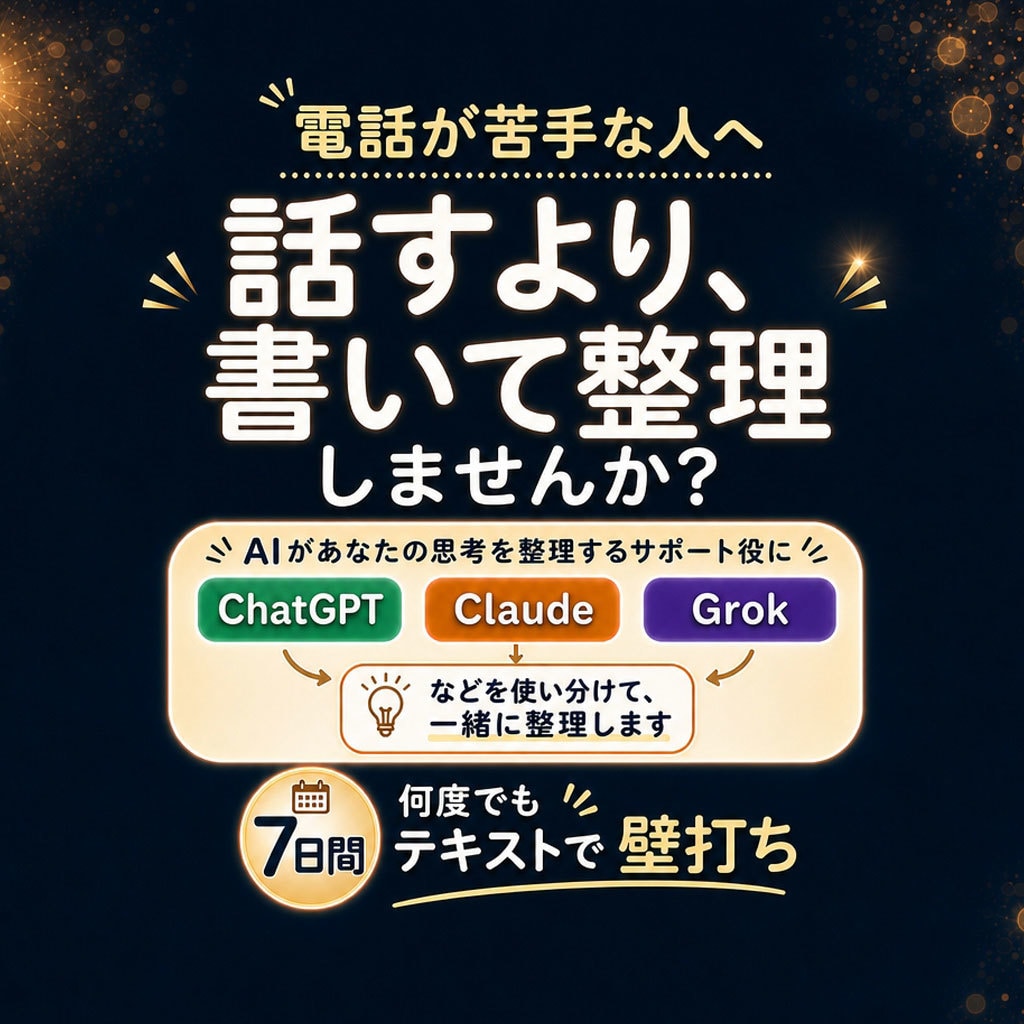 人間関係も仕事も、複数のAIを使って整理します 電話が苦手な方へ。テキストで相談・壁打ちしましょう。 イメージ1