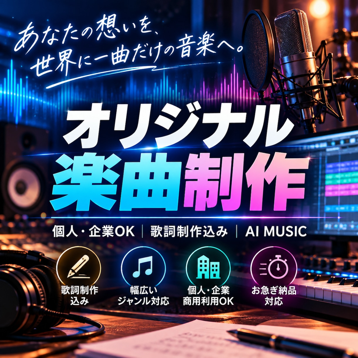 思い出をオリジナル曲にします あなたの想い・物語・ブランドを、唯一無二の一曲に。 イメージ1