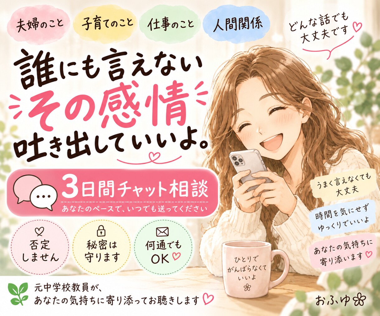 誰にも言えない本音をチャットで3日間お聴きします ここではいい人をやめて大丈夫。愚痴も黒い感情も受け止めます。 イメージ1
