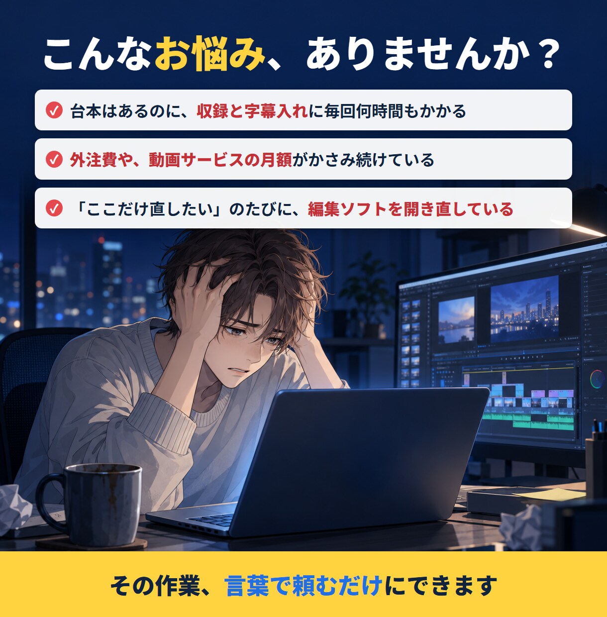 台本から解説動画を作り、言葉で直せる環境を作ります 声・字幕・図解・サムネまで自動。言葉で直せます イメージ2