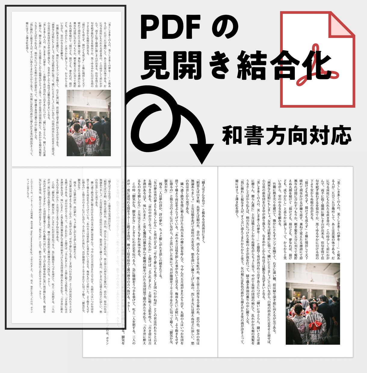 PDFを「見開き結合」いたします 連続シングルページを2ページづつ、見開きに結合変換します。 イメージ1
