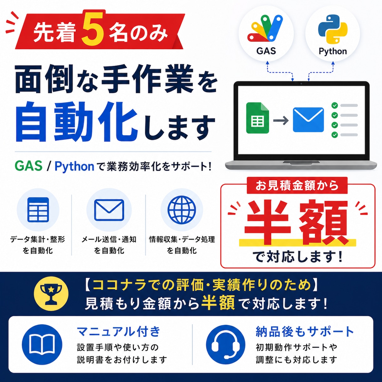 先着5名のみ半額！面倒な手作業を自動化します 【評価・実績作りのため】見積もり金額から半額で対応します！ イメージ1