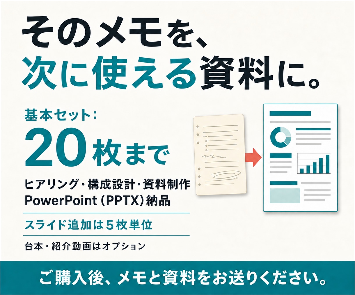 メモと手元の資料から伝わるプレゼン資料を作ります 構成からお任せ。会社紹介・営業・提案資料を目的に合わせて イメージ10