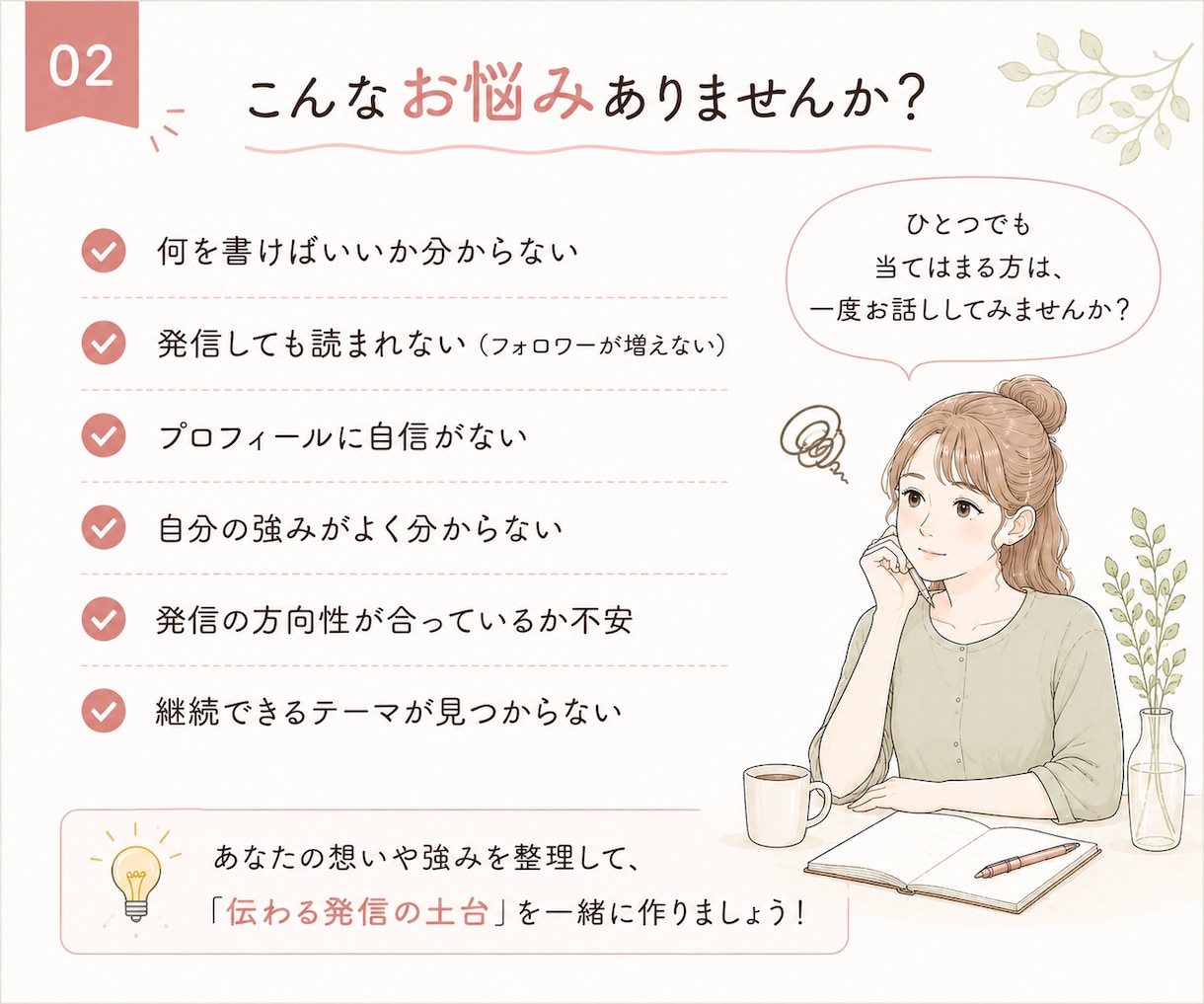 あなたらしい発信の軸を一緒に見つけます noteの発信テーマ・方向性を一緒に整理します イメージ2