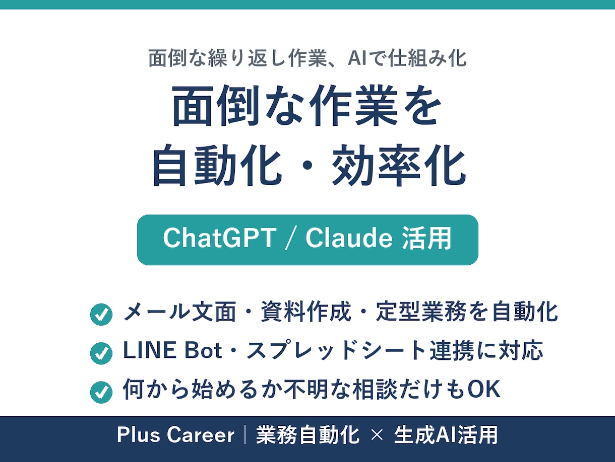 生成AIで面倒な作業を自動化・効率化します メール・資料作成・繰り返し作業を生成AIで仕組み化します イメージ1